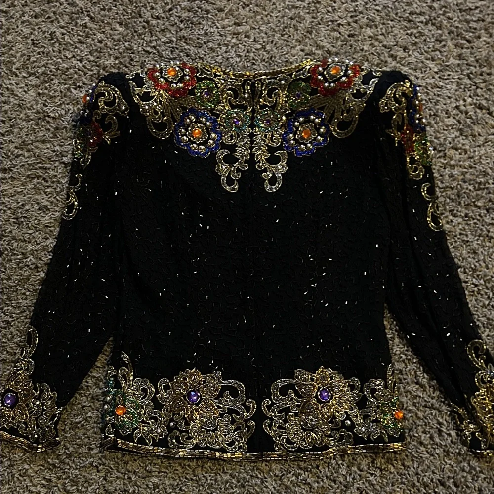 1980s Oleg Cassini Black Tie Multicolor Embellished Top - Picture 5 of 7